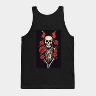 skeleton with roses on black background Tank Top